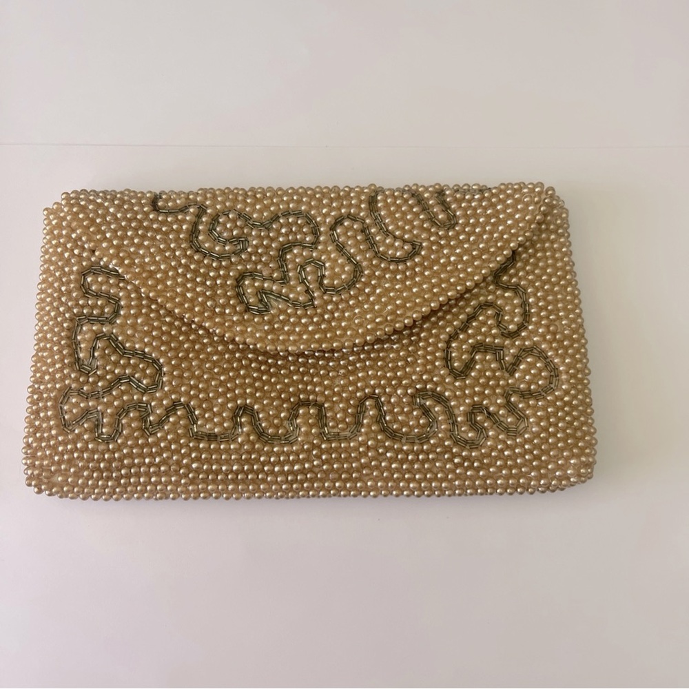 Vintage Ladies Heavy Beaded Clutch Golden Rose Made In Japan